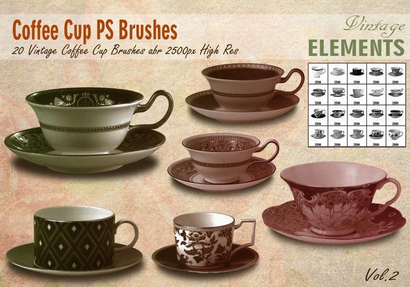  Vintage Coffee Cup Brushes abr. Photoshop brush
