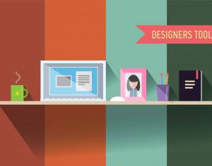 Designers table with tools. Vector illustration Photoshop brush