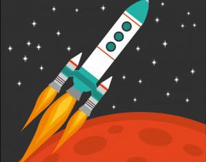 Rocket flying in space with red planet and stars on background Photoshop brush