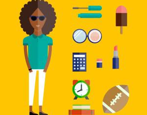 People vector afro girl character with tools and objects. Free illustration for design Photoshop brush