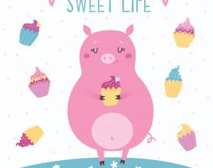 Vector illustration of cute pig with cupcakes. Sweet life Photoshop brush