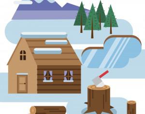 Log cabin in snowy landscape Photoshop brush