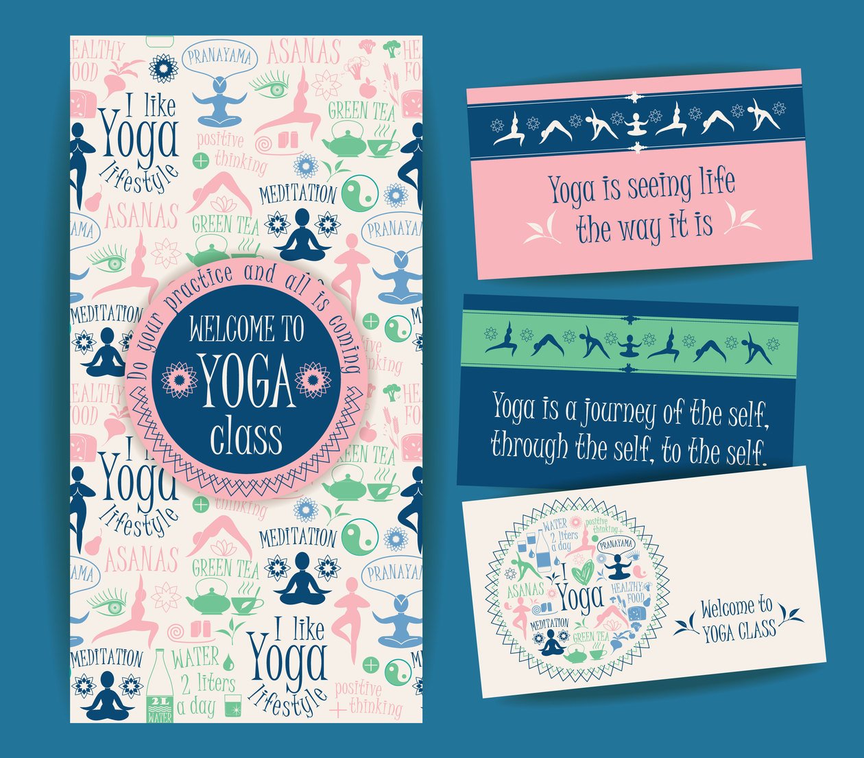 Design set for yoga class.  Vector pattern with illustration yoga lifestyle. Photoshop brush