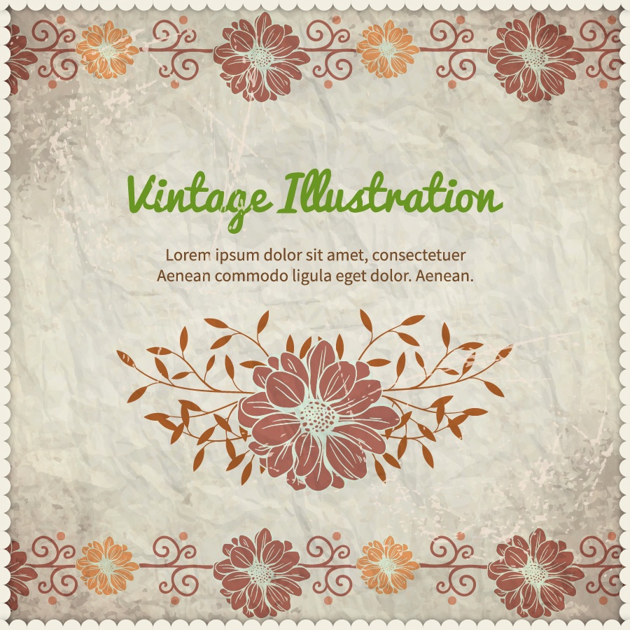 Vintage floral illustration with frame,typography and paper texture Photoshop brush
