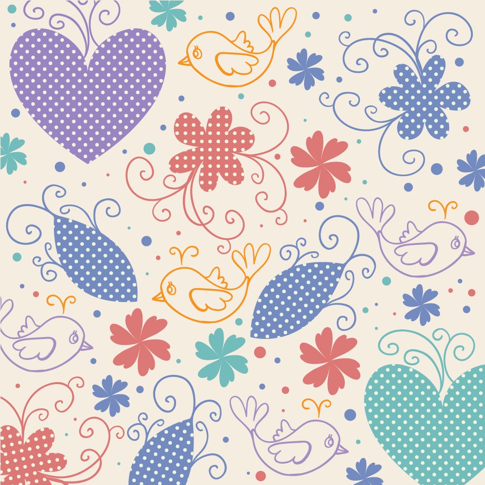 Vector illustration with hearts,birds and flowers Photoshop brush