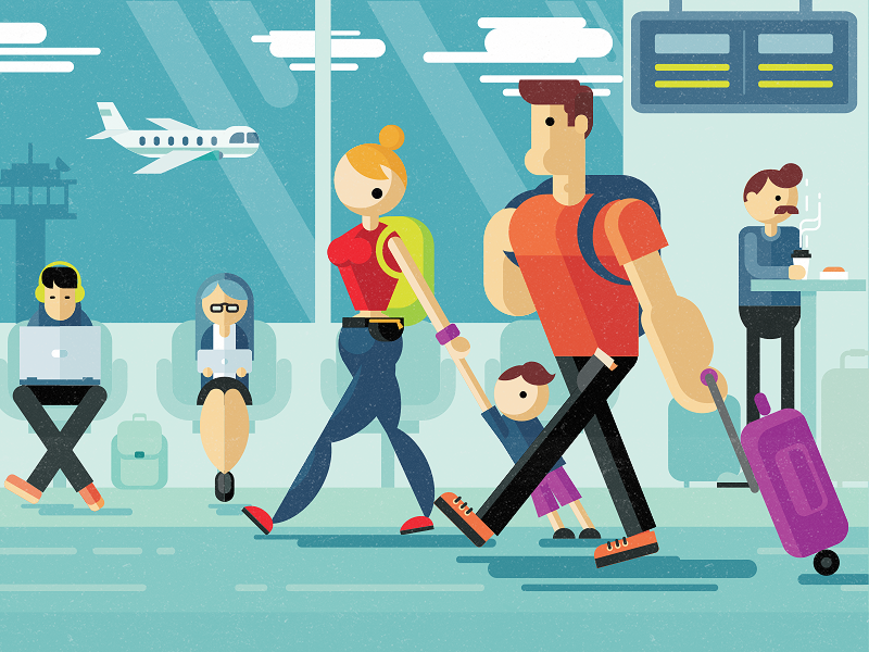 Family strolling through airport Photoshop brush