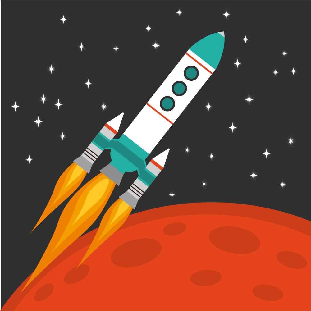 Rocket flying in space with red planet and stars on background Photoshop brush
