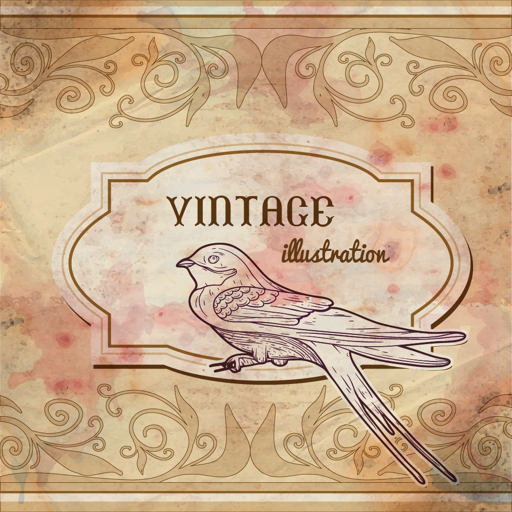 Vintage watercolor frame with swallow Photoshop brush
