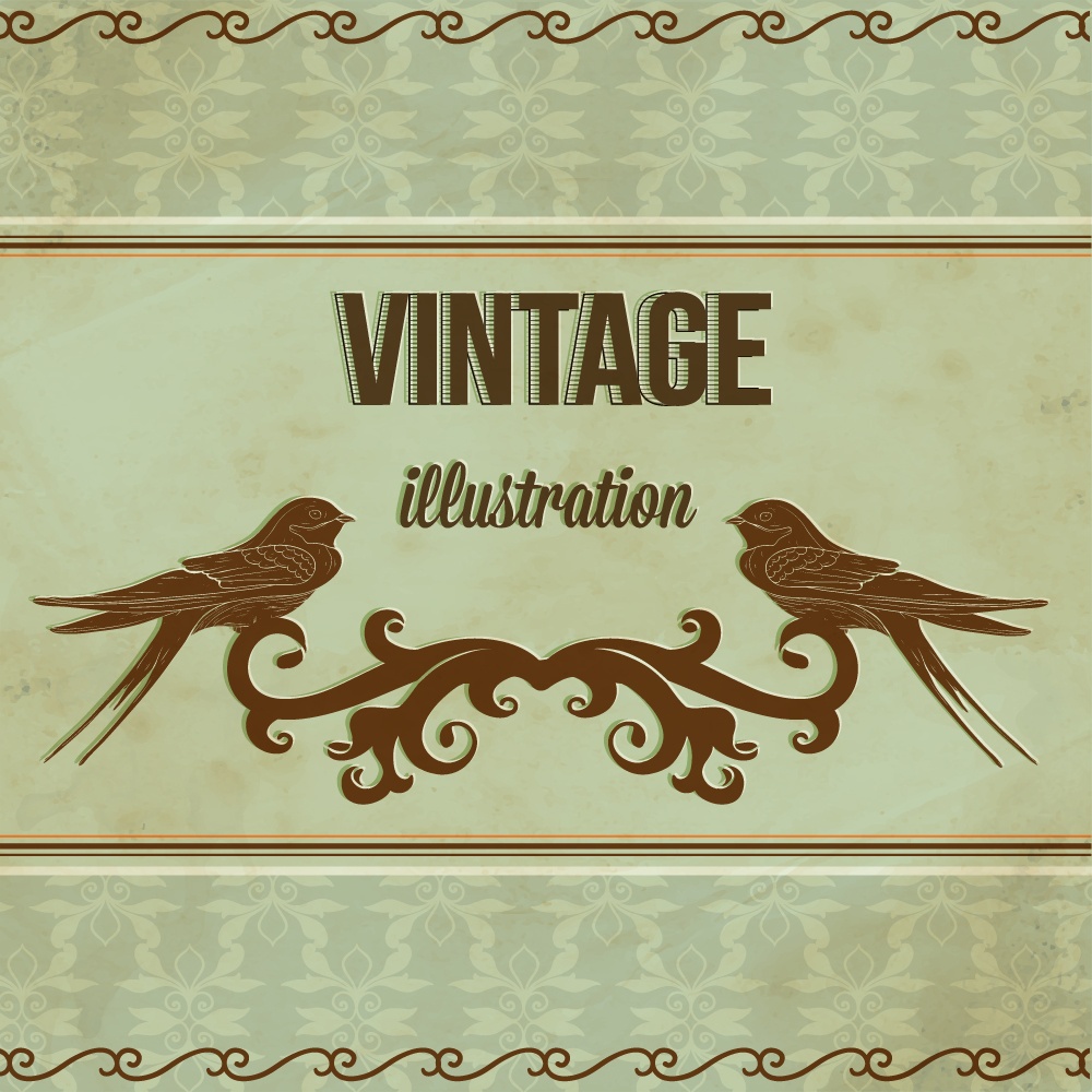 Vintage illustrations with ormanent and swallow Photoshop brush