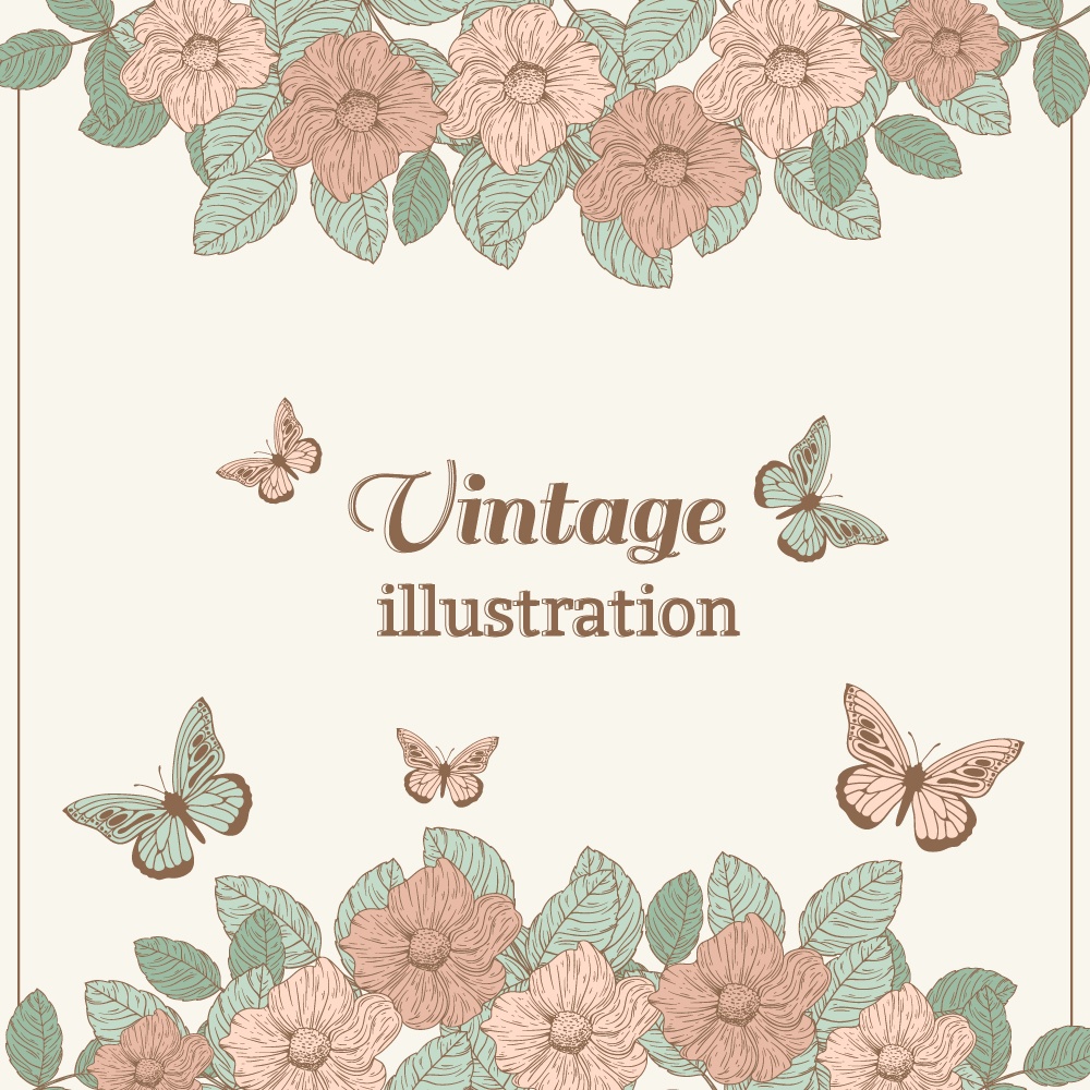Vintage flower illustration with butterfly Photoshop brush