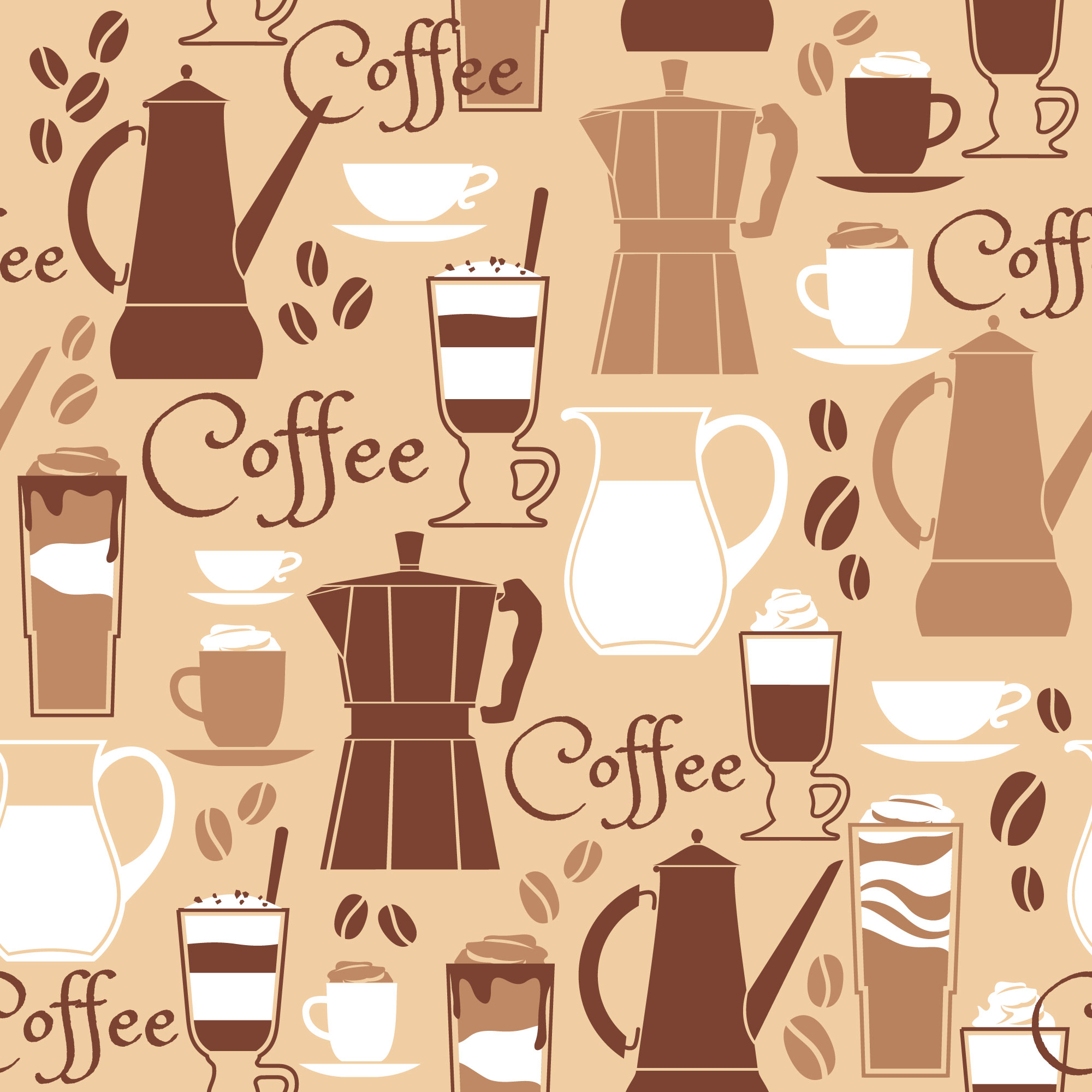 Vector illustration of coffee design elements. Seamless pattern Photoshop brush