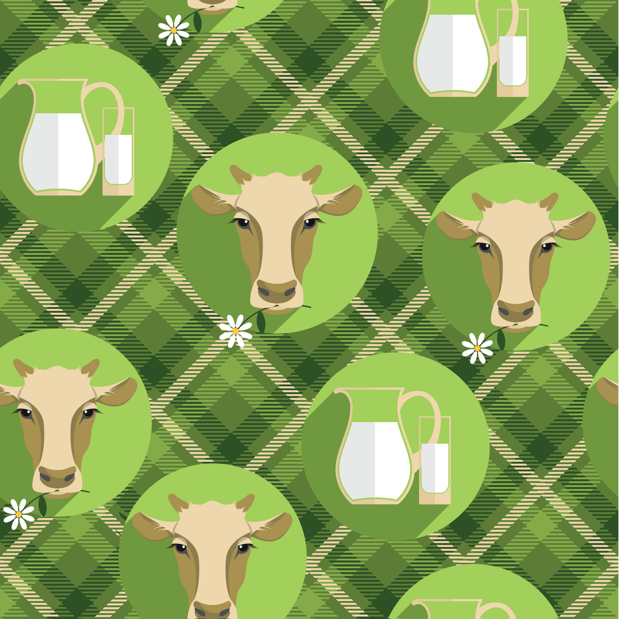 Vector  flat design illustration of cow. Seamless pattern Photoshop brush