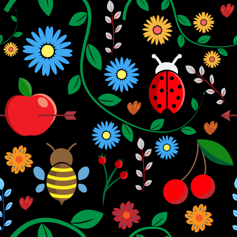 Pattern with leaves, berries, bugs, flowers, apple, branches Photoshop brush