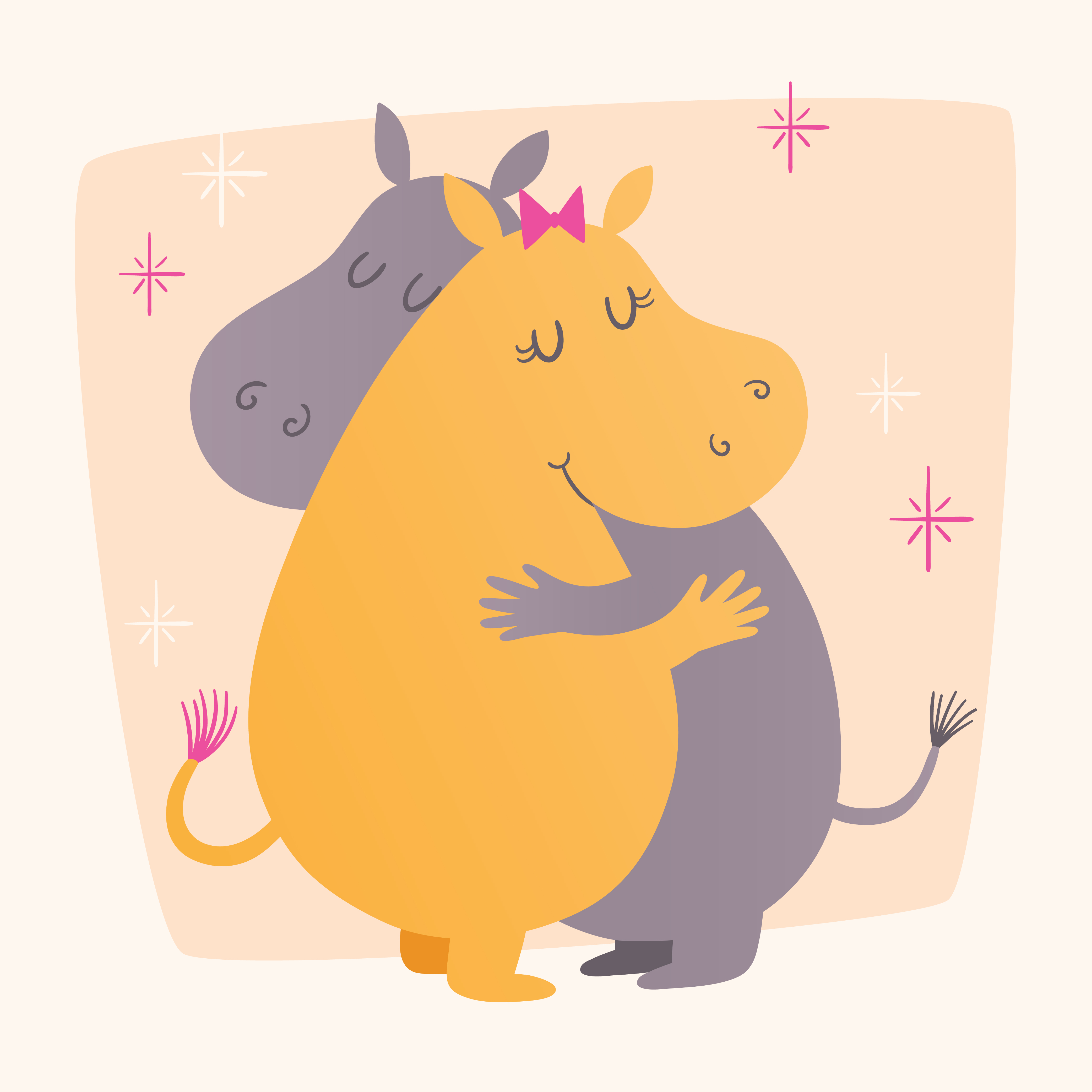 Vector illustration with cute hippos hugging Photoshop brush