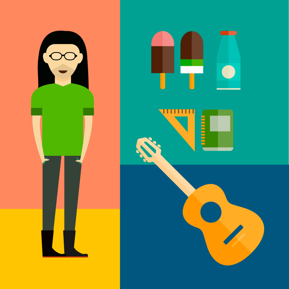People vector music hero character with tools and objects. Free illustration for design Photoshop brush