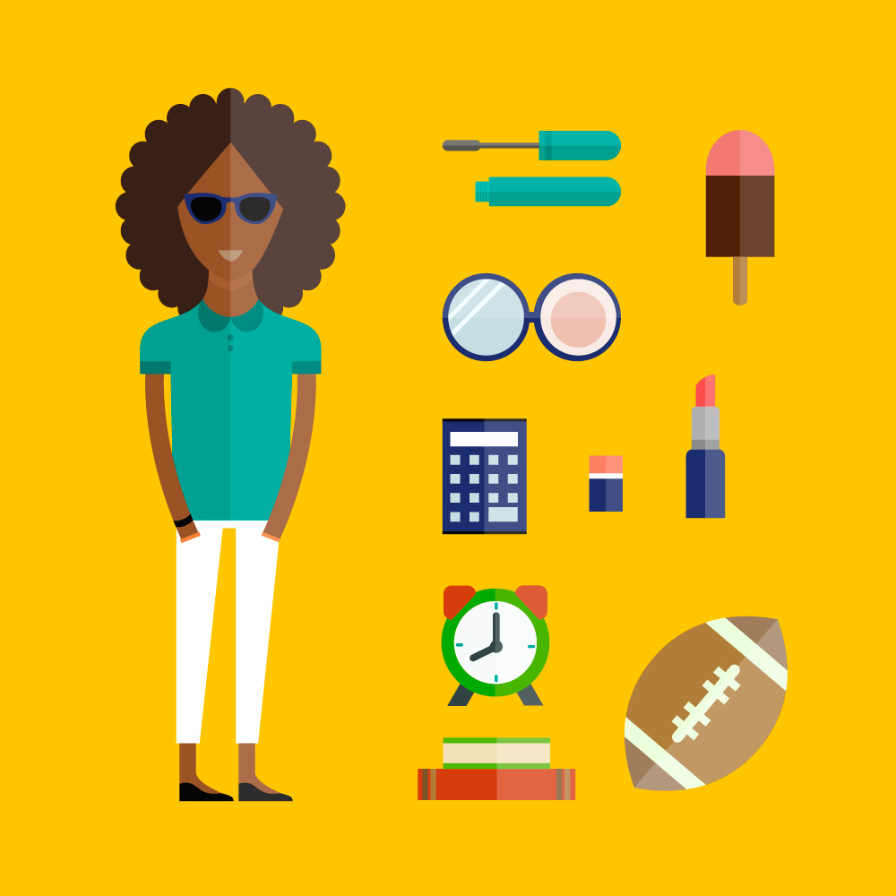 People vector afro girl character with tools and objects. Free illustration for design Photoshop brush