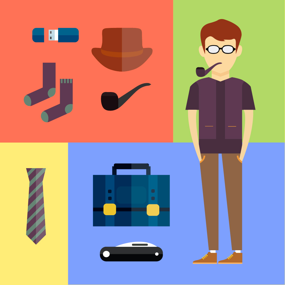People vector hipster character with tools and objects. Free illustration for design Photoshop brush