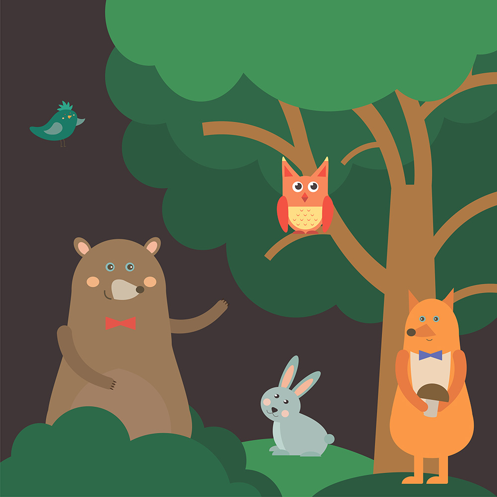 Vector illustration of cute animal at night forest for free vector design Photoshop brush