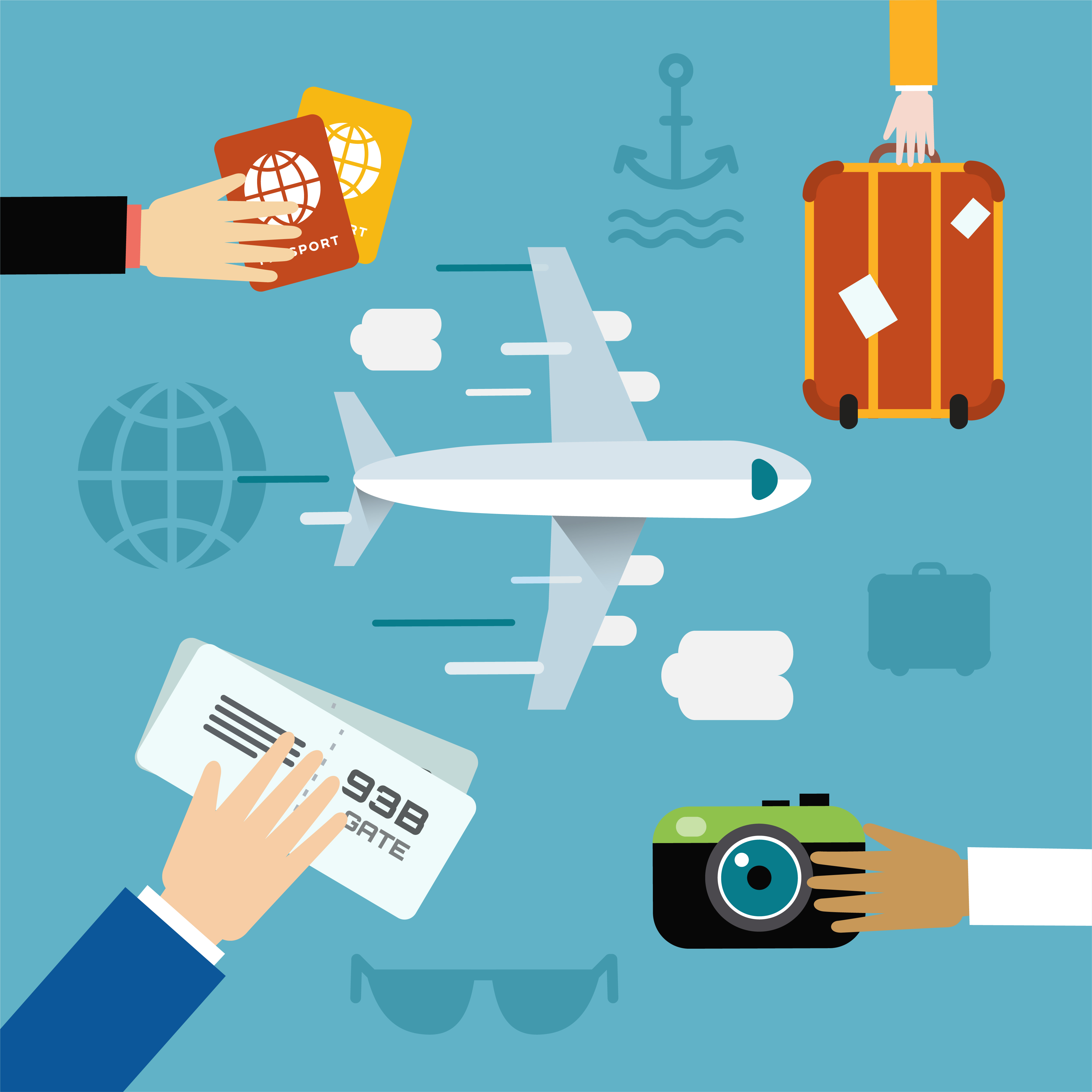 Free vector illustration of airplane flying and some travel tools Photoshop brush