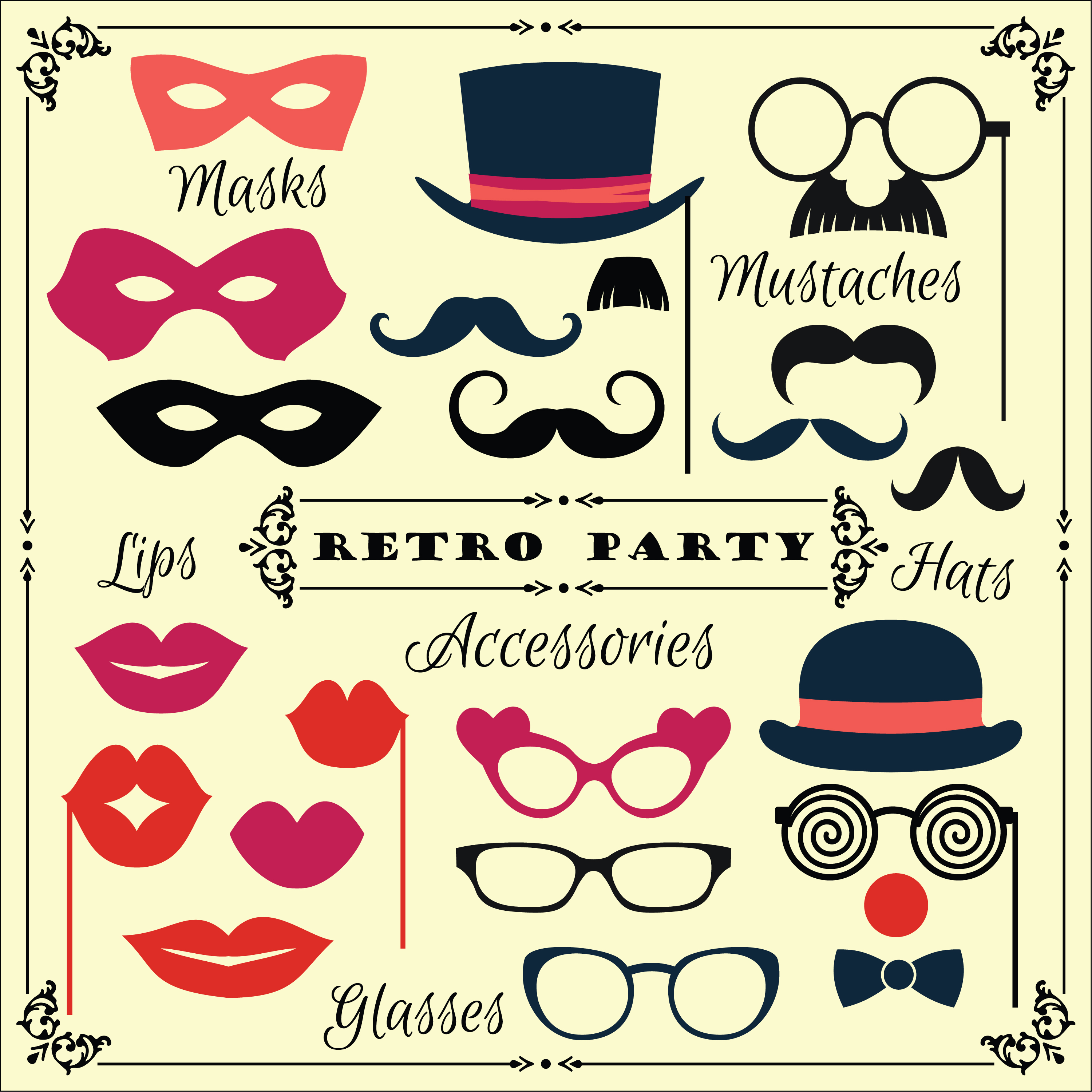  Accessories for fun retro party. Vector illustration Photoshop brush
