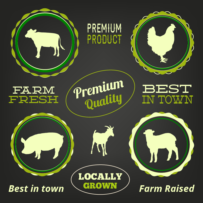 Farm animals, typo labels set Photoshop brush