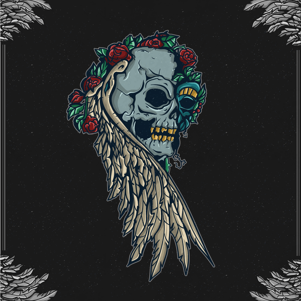Vintage skull with floral ornaments and frame Photoshop brush
