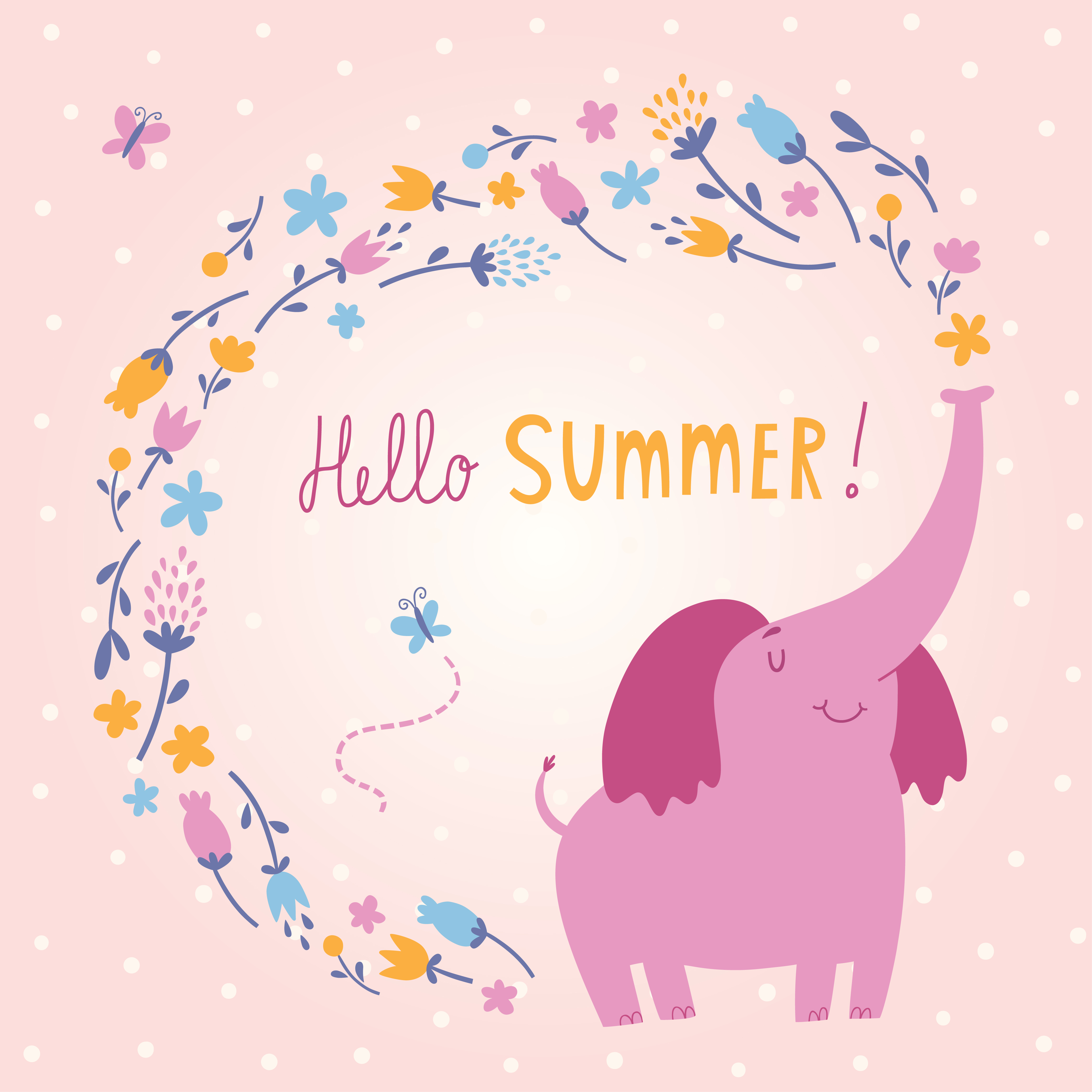 Hello Summer vector card with cute elephant Photoshop brush