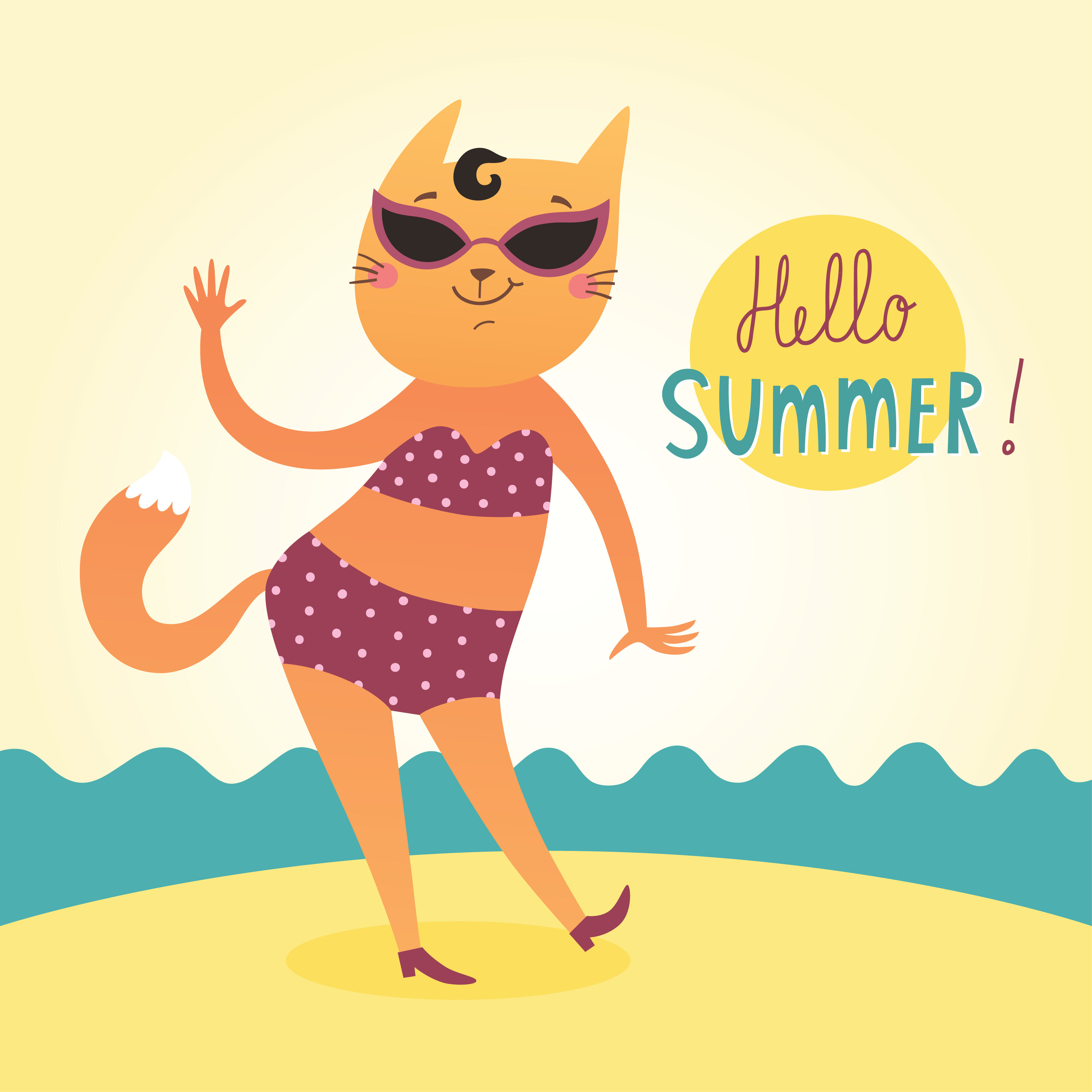 Hello Summer vector card with funny cat Photoshop brush