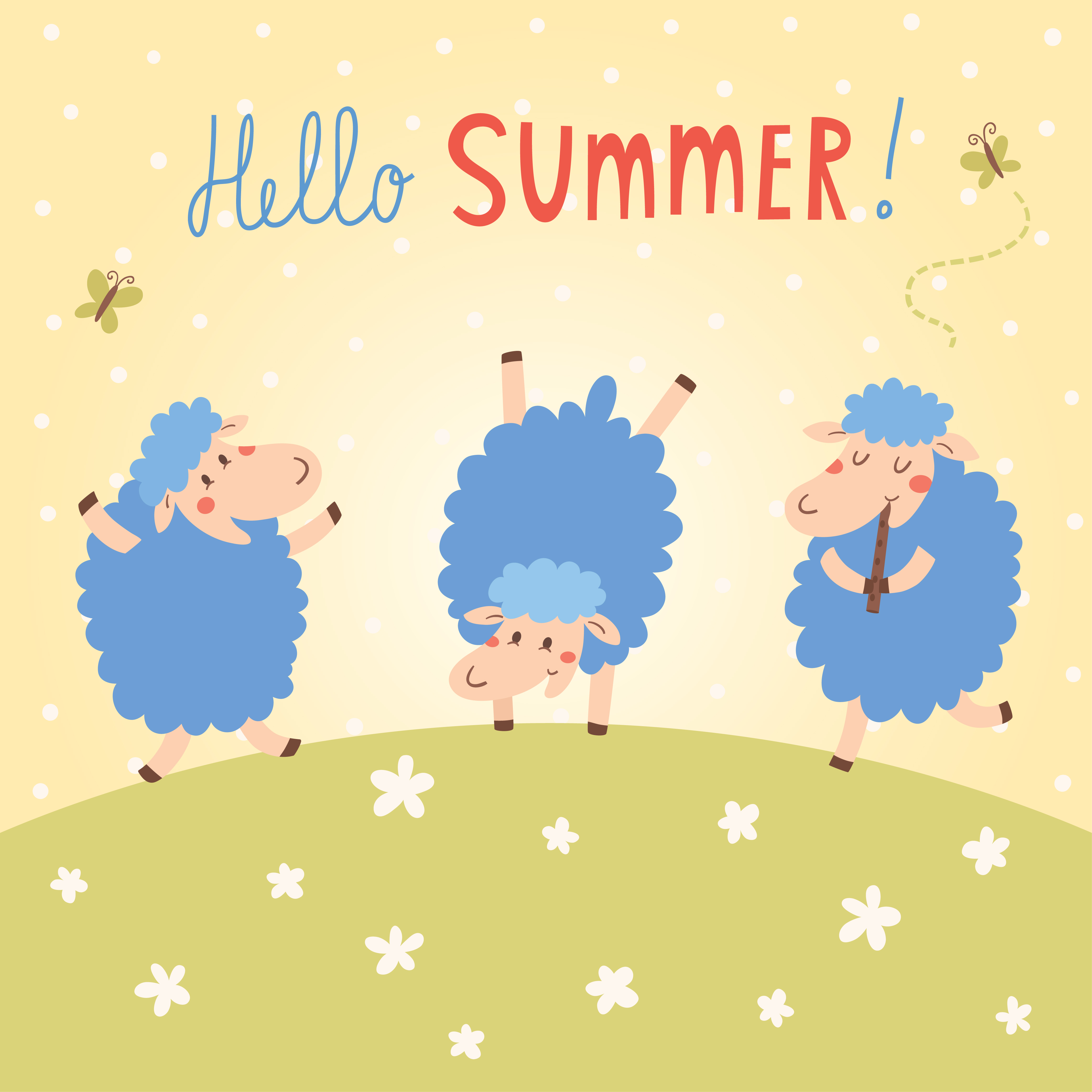 Hello Summer vector card with cute sheeps Photoshop brush