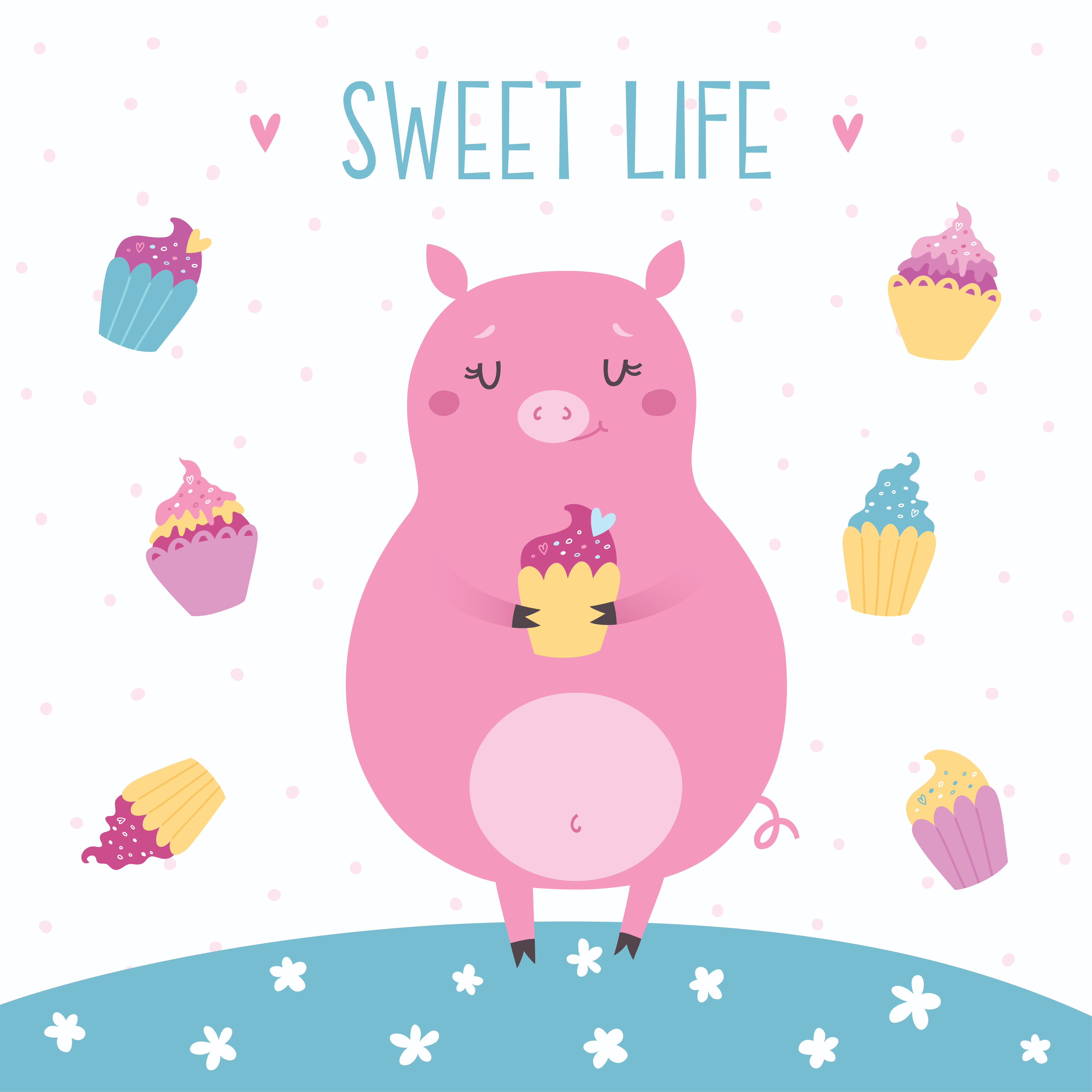 Vector illustration of cute pig with cupcakes. Sweet life Photoshop brush