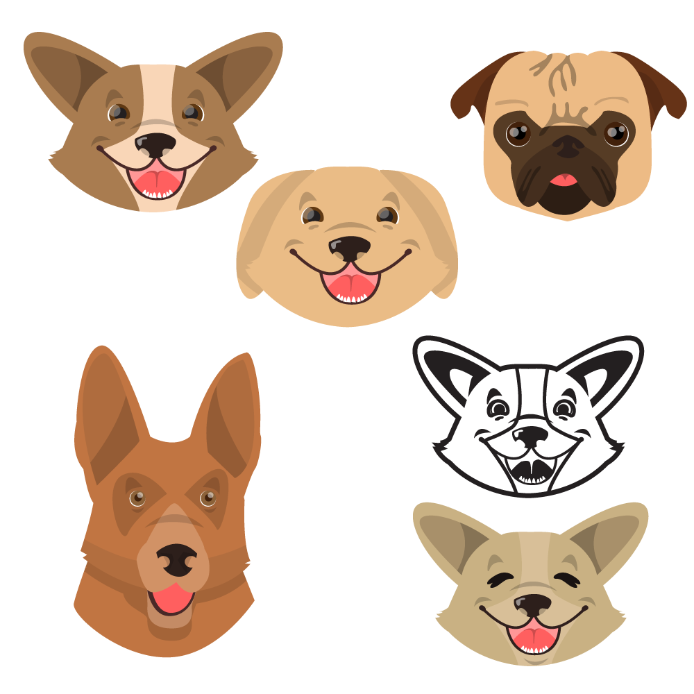 Cute smiling happy dogs vector set Photoshop brush