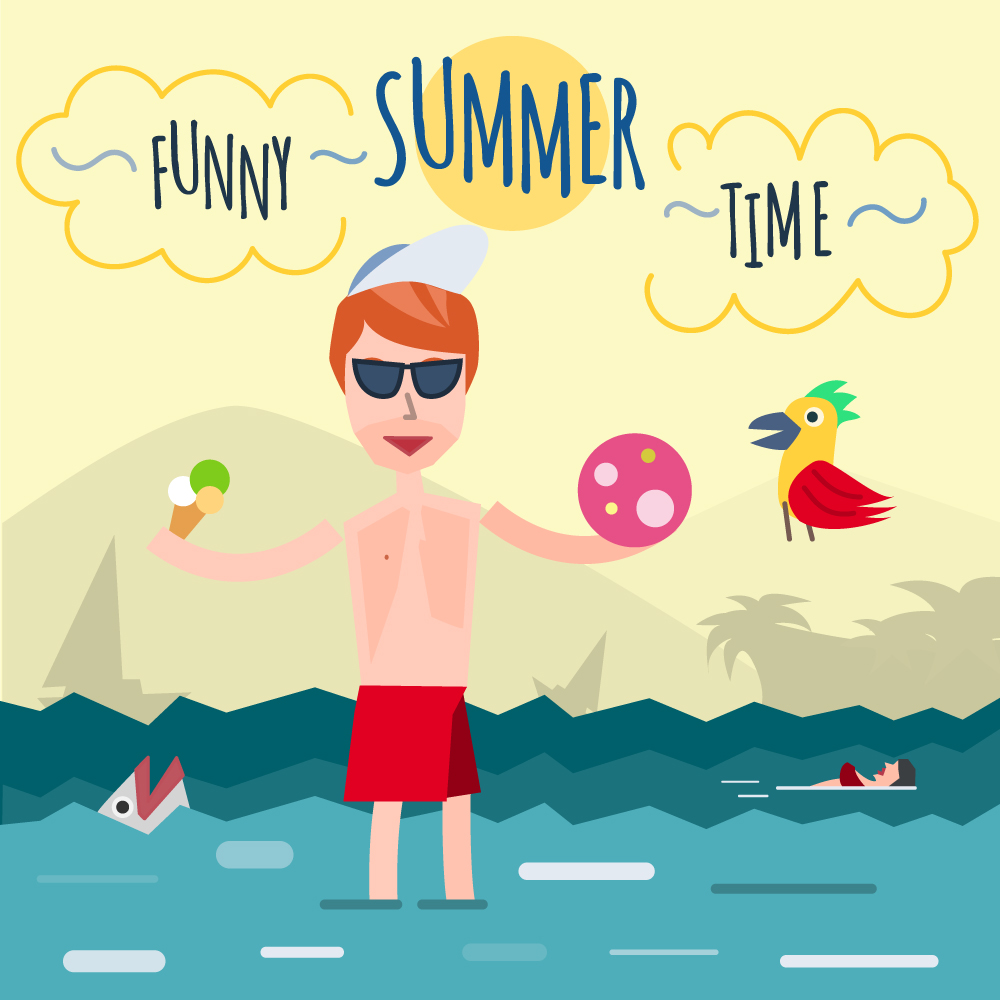 Funny young man in sea. It's holiday time. Some object is ice-cream and ball. Free for vector design Photoshop brush