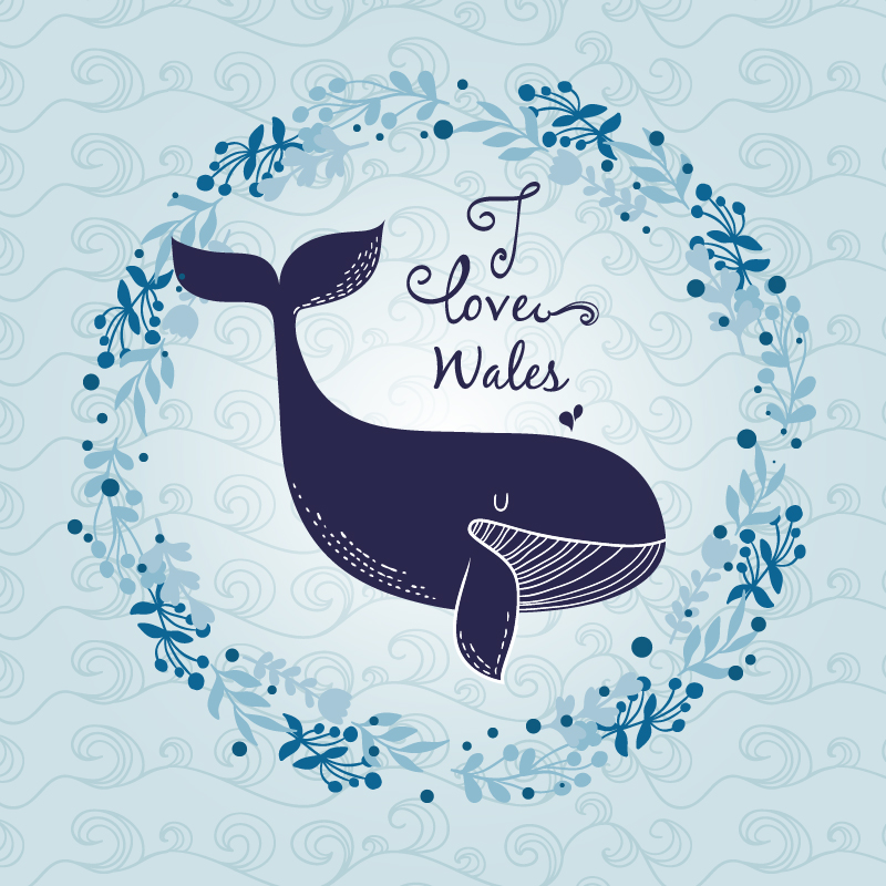 Whale with abstract wave pattern and floral frame  Photoshop brush