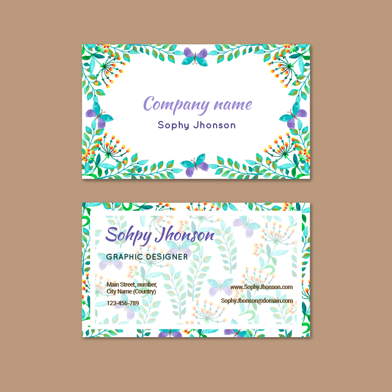 Watercolor business card with flower Photoshop brush